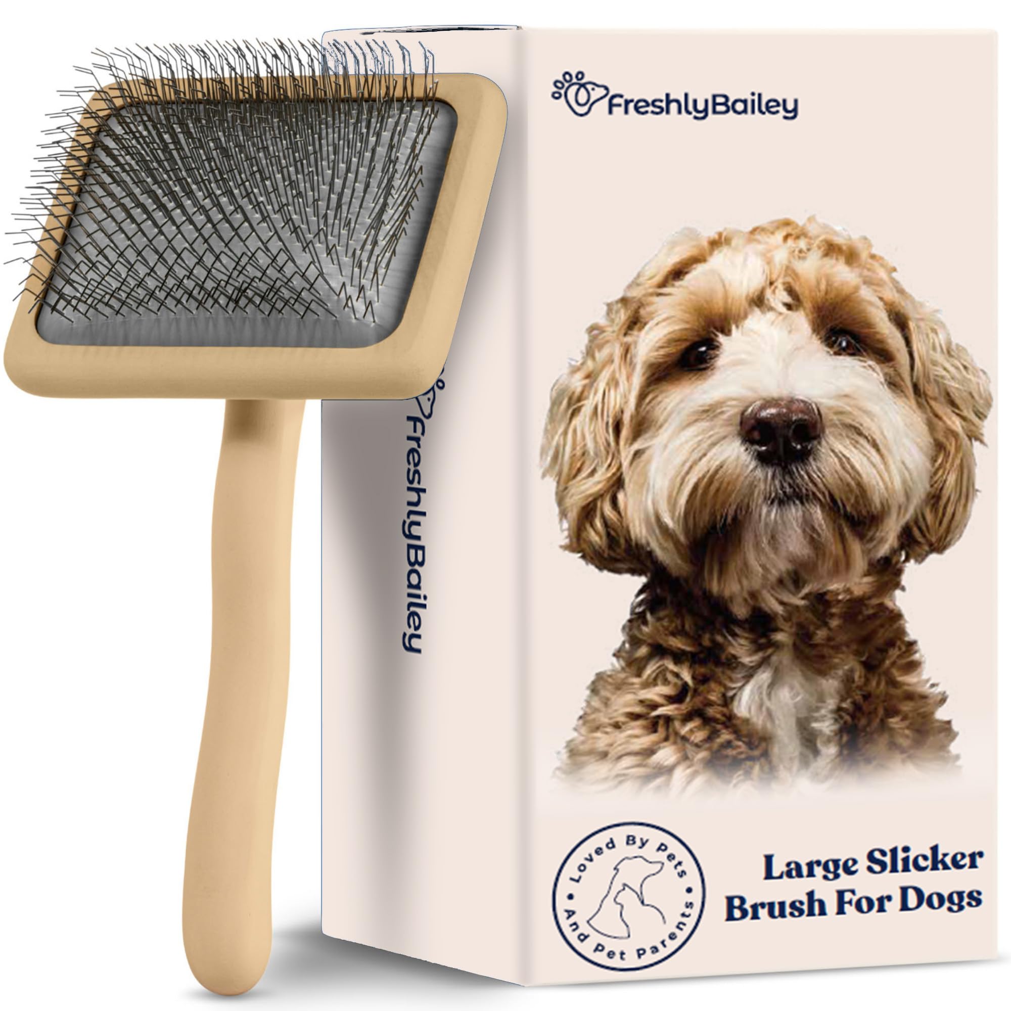 Freshly Bailey Doodle Slicker Brush front view aids detangling for fluffy coats.