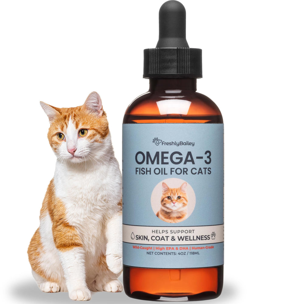 Freshly Bailey Omega-3 Cat bottle shows high-quality oil for healthier skin.