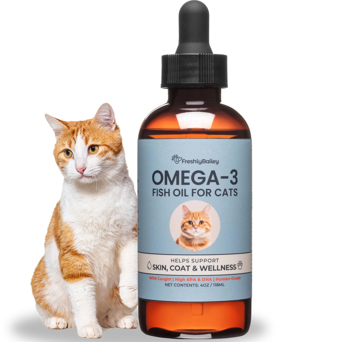 Freshly Bailey Omega-3 Cat bottle shows high-quality oil for healthier skin.