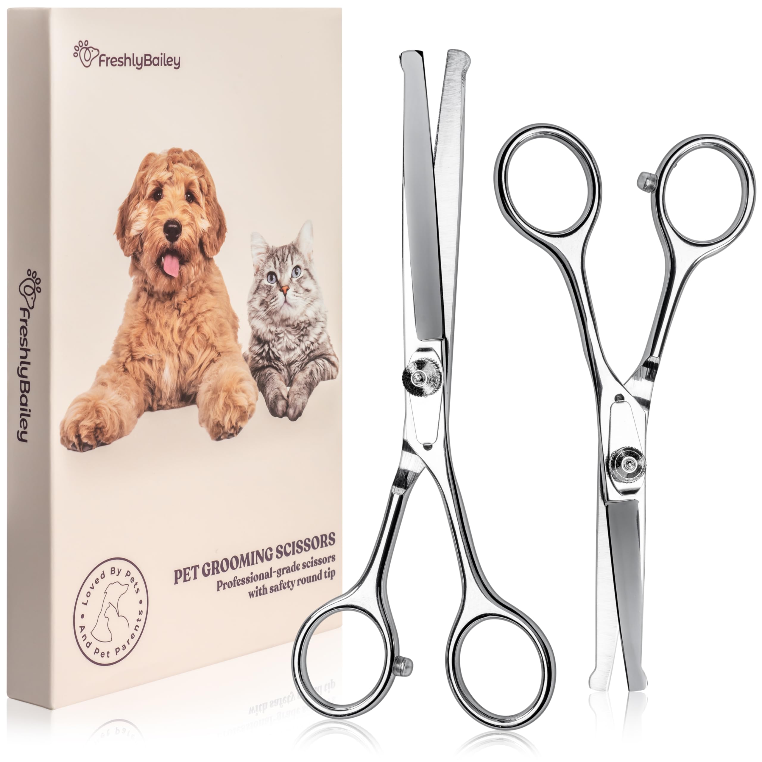 Freshly Bailey round-tip scissors 2-pack for safe pet grooming and mats removal.