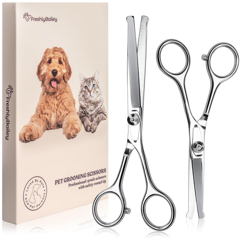 Freshly Bailey round-tip scissors 2-pack for safe pet grooming and mats removal.