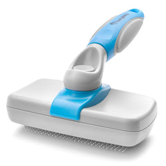 Freshly Bailey Self Cleaning Slicker Brush highlights retractable bristles for damage-free grooming
