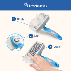 Freshly Bailey Slicker Brush self-cleaning button is shown, simplifying brush maintenance