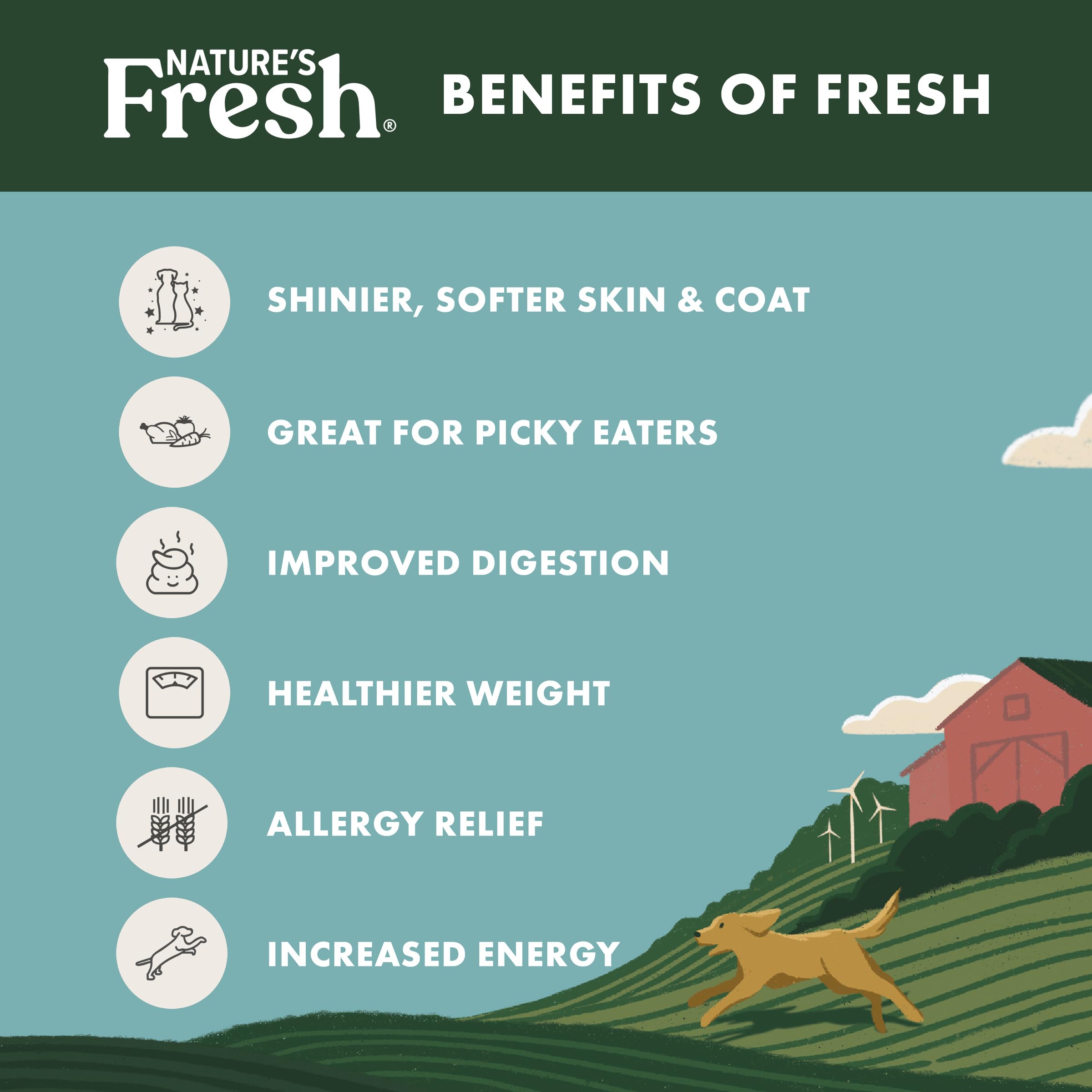 Freshpet eco-friendly kitchen scene reflects wind-powered production and sustainable farming.