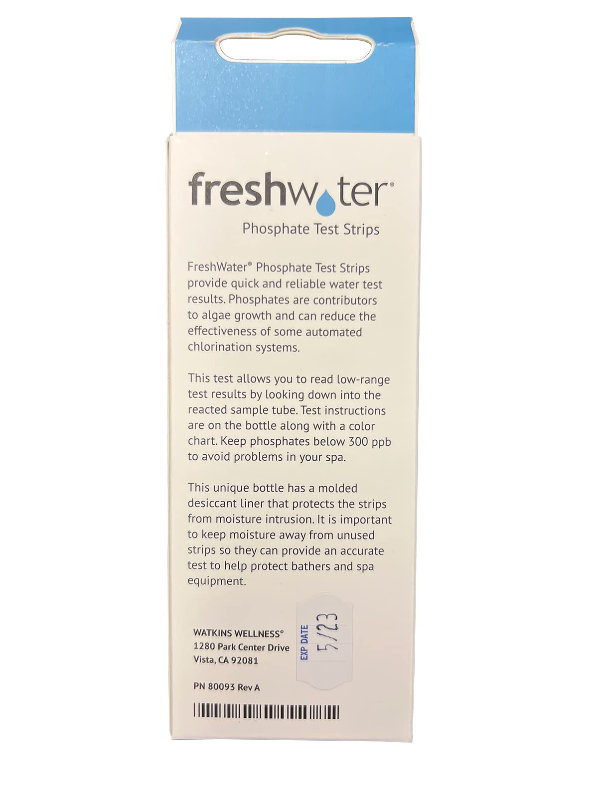 FreshWater phosphate test strip color chart used for algae risk assessment.