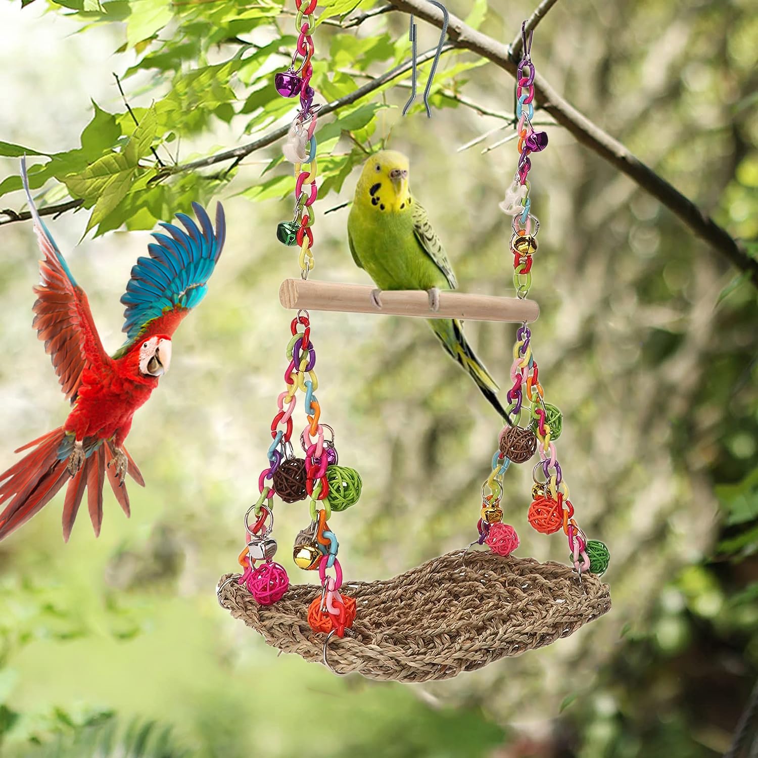 FrgKbTm rattan balls and bells add visual and auditory stimulation.