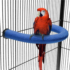 FrgKbTm U-shaped parrot perch blue in a space-saving cage setup for playful enrichment.