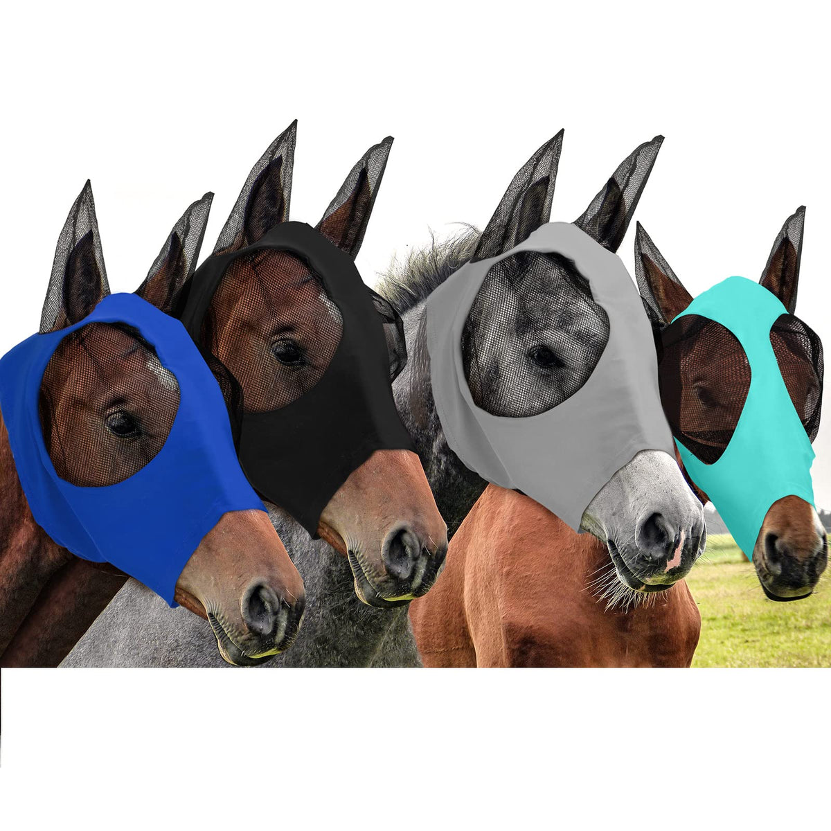 Frienda black horse fly mask with full-face coverage for insect protection during riding