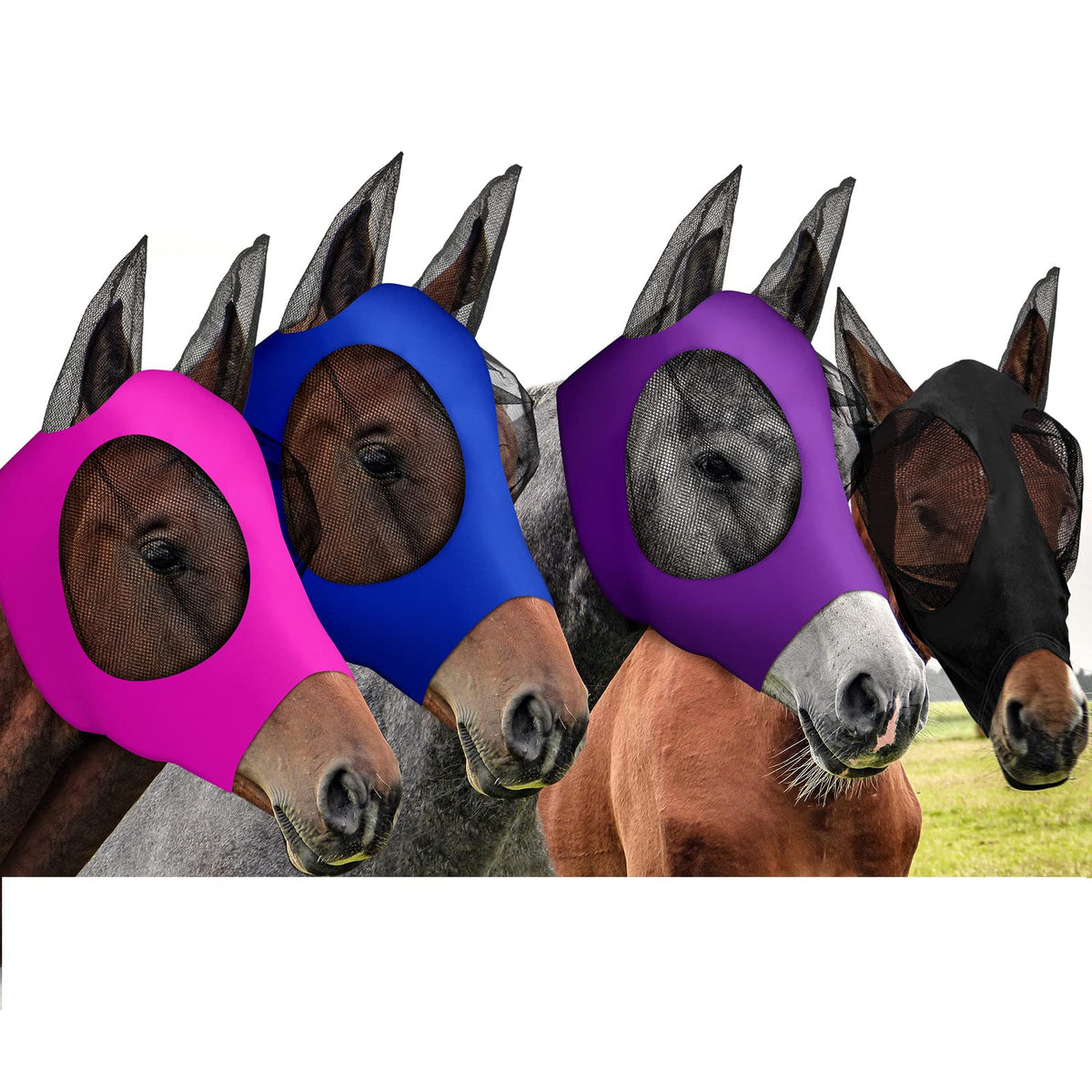 Frienda horse fly masks with ears in purple offering breathable protection for sunny rides.