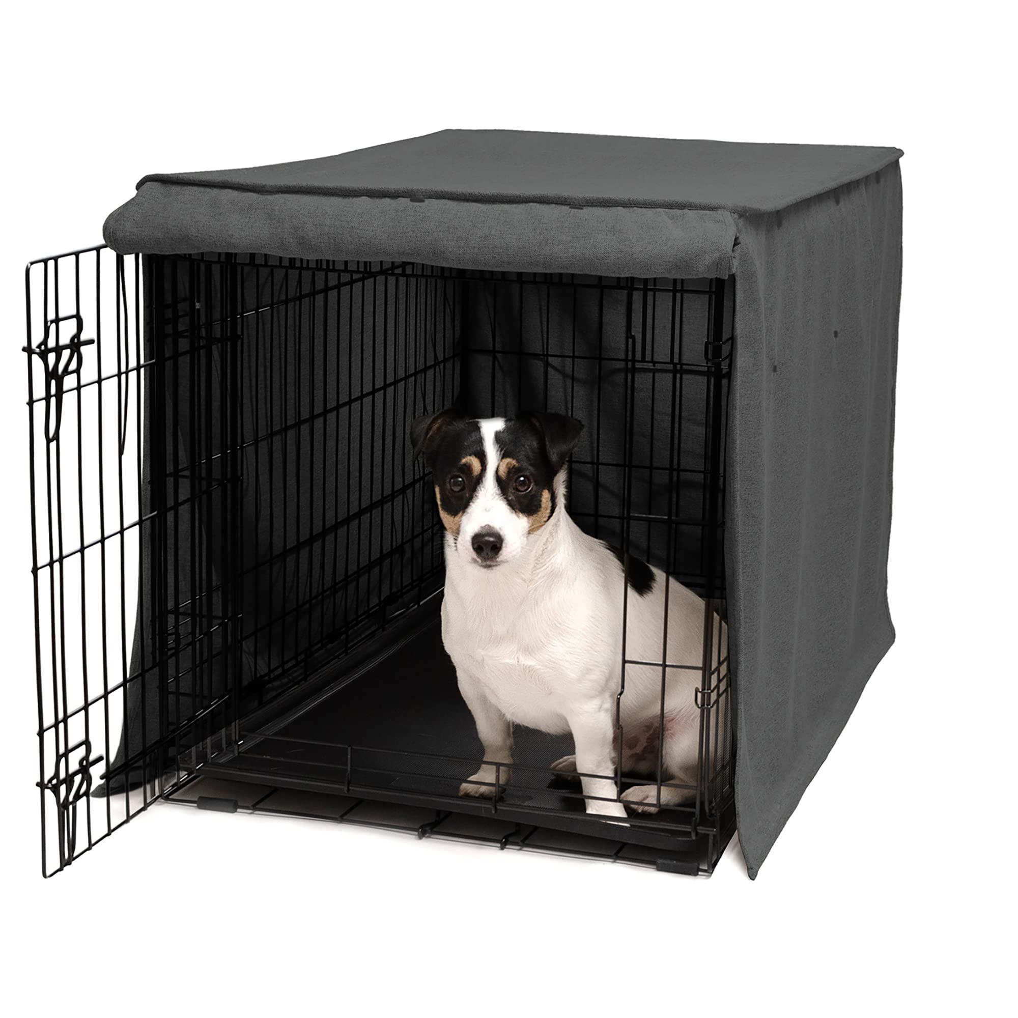 Friends Forever metal dog crate cover blocks light for restful naps.
