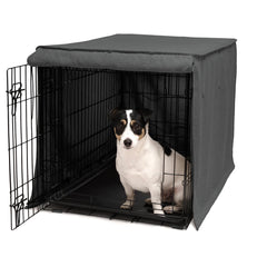 Friends Forever metal dog crate cover blocks light for restful naps.