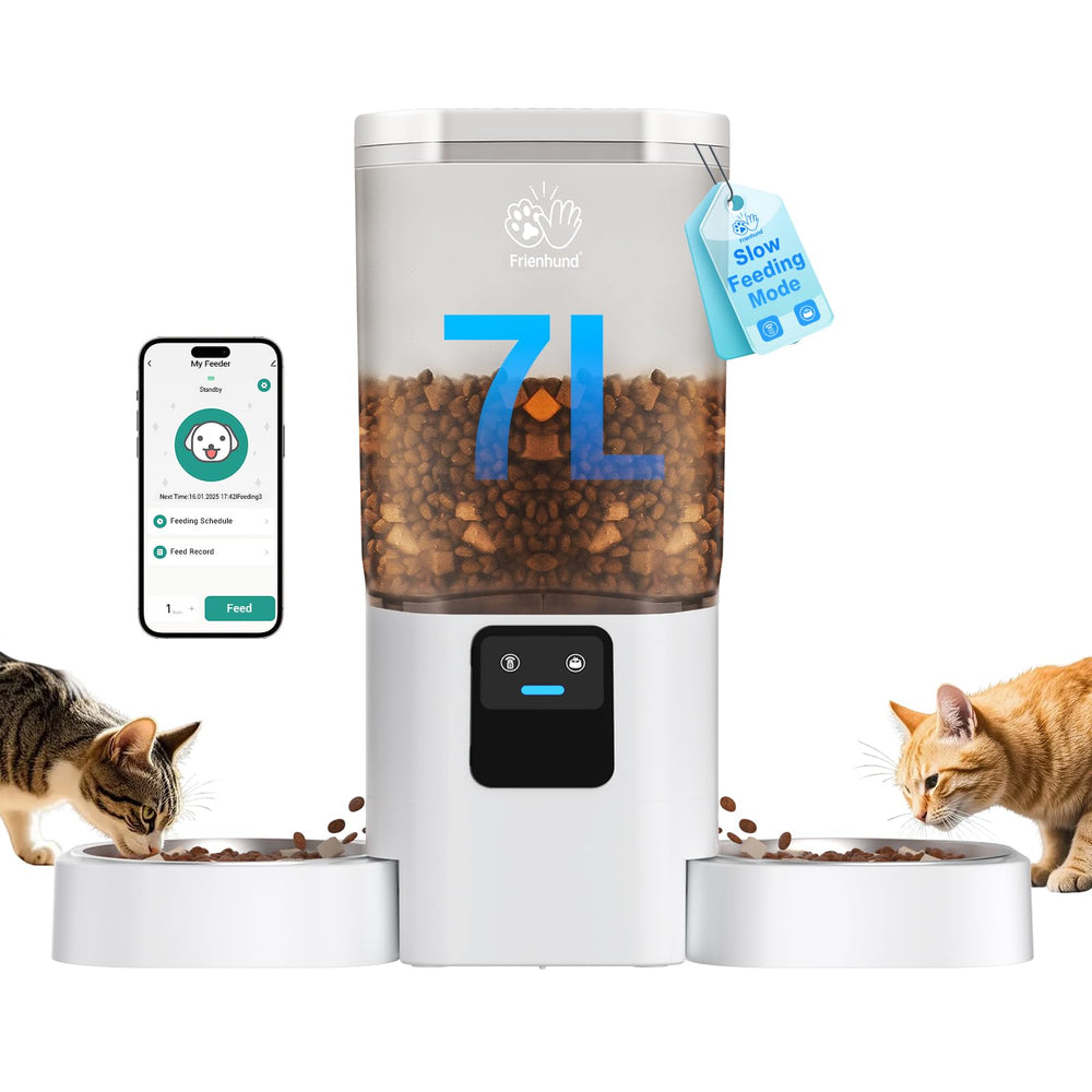 Frienhund automatic cat feeder front view with dual bowls for two pets