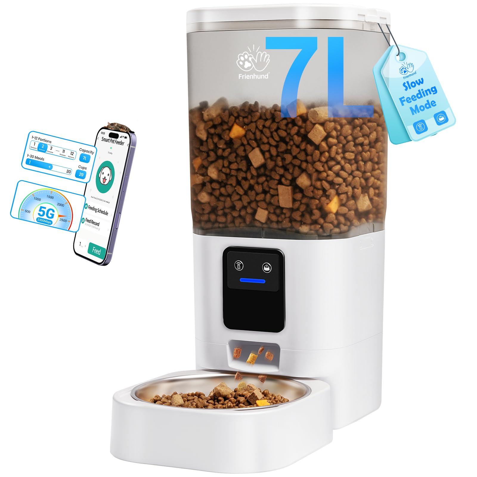Frienhund automatic feeder front view demonstrating compact form for easy setup