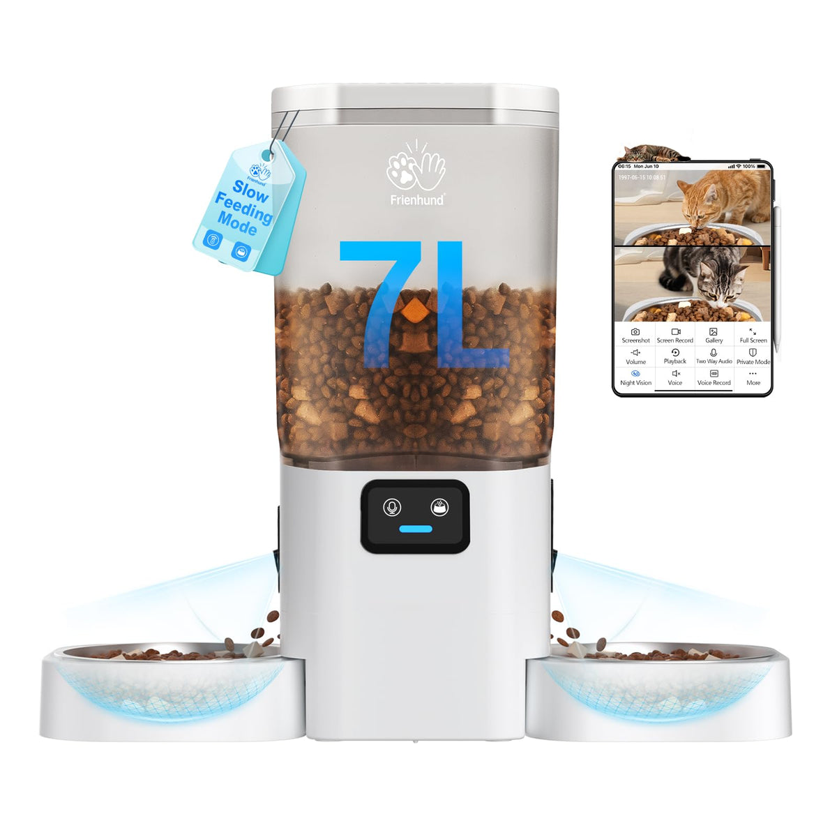 Frienhund automatic feeder with two HD cameras for real-time pet monitoring.