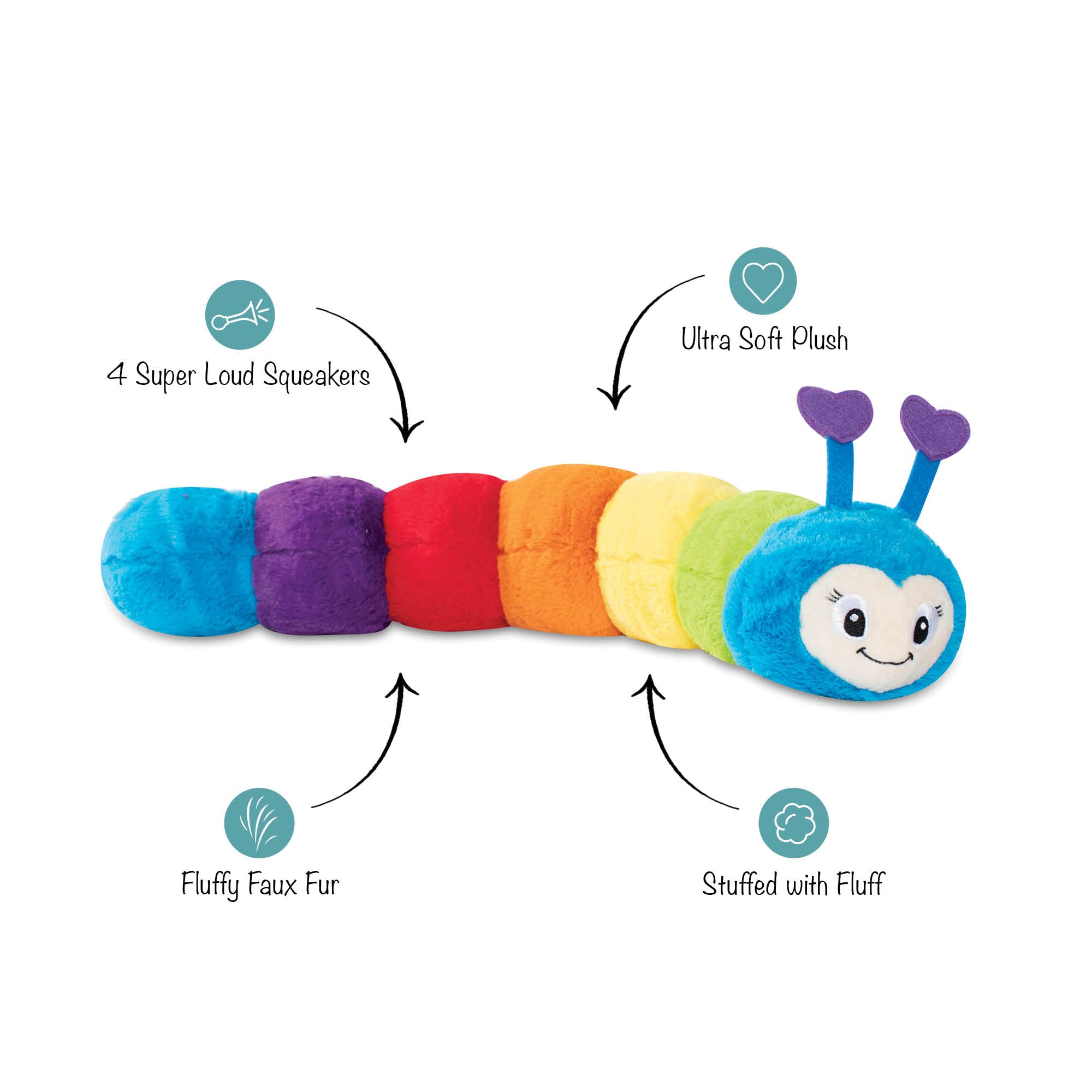 Fringe Don't Bug Me plush dog toy designed for dogs of all sizes with four loud squeakers.