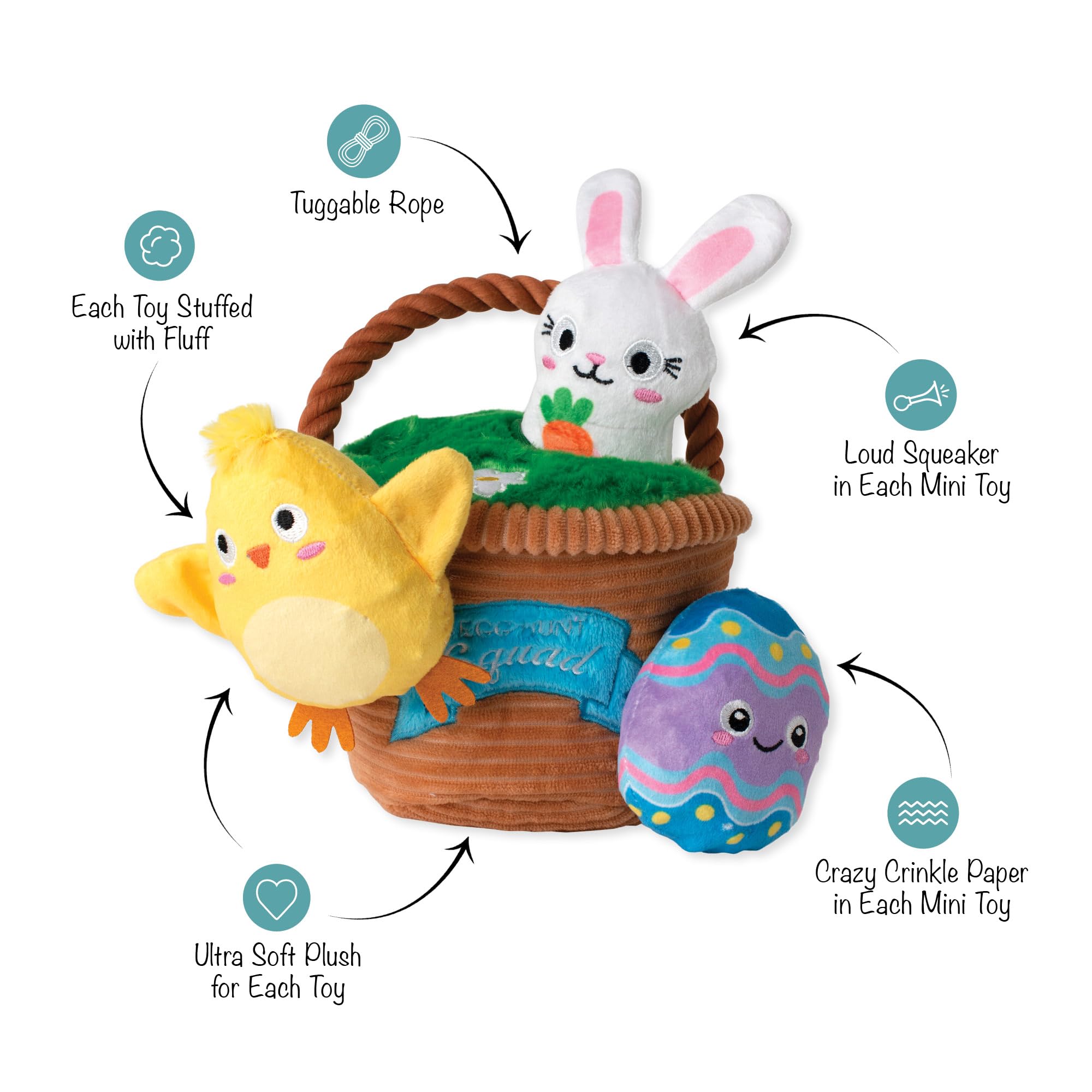 Fringe Egg Hunt mini egg toy provides loud squeak and crinkle for excitement.