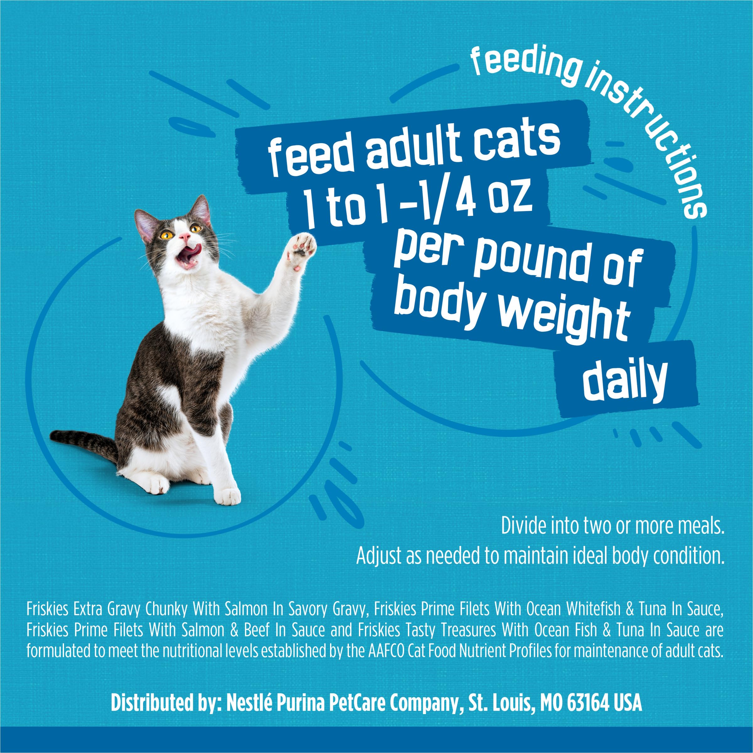 Friskies 100-percent balanced nutrition label close-up supports adult cat wellness.