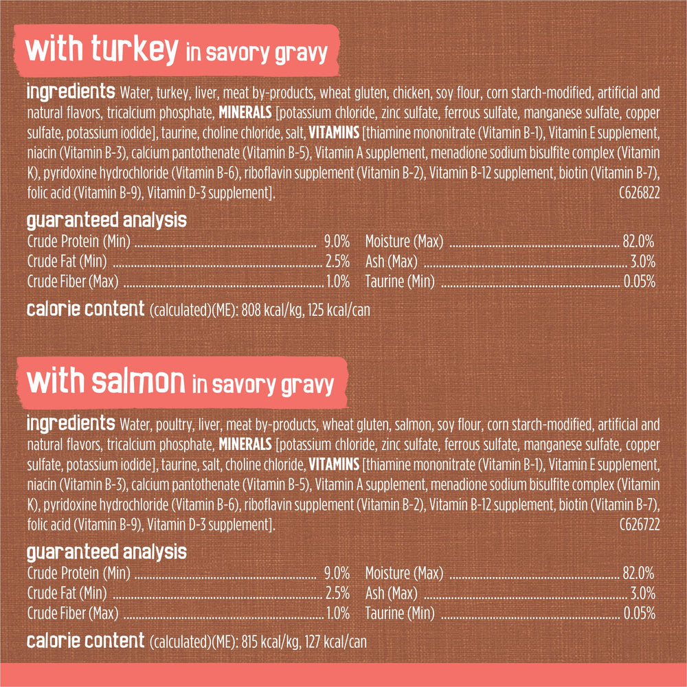 Friskies adult cat nutrition back-of-can, trusted source from US facilities.