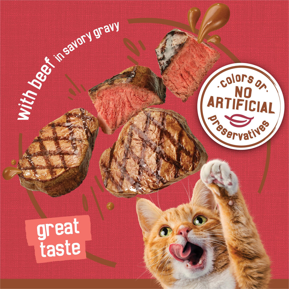 Friskies moist chunks beef in gravy can deliver a tempting daily meal.