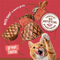 Friskies moist chunks beef in gravy can deliver a tempting daily meal.