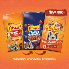 Friskies chicken-beef flavors with carrots and green beans entice mealtimes.