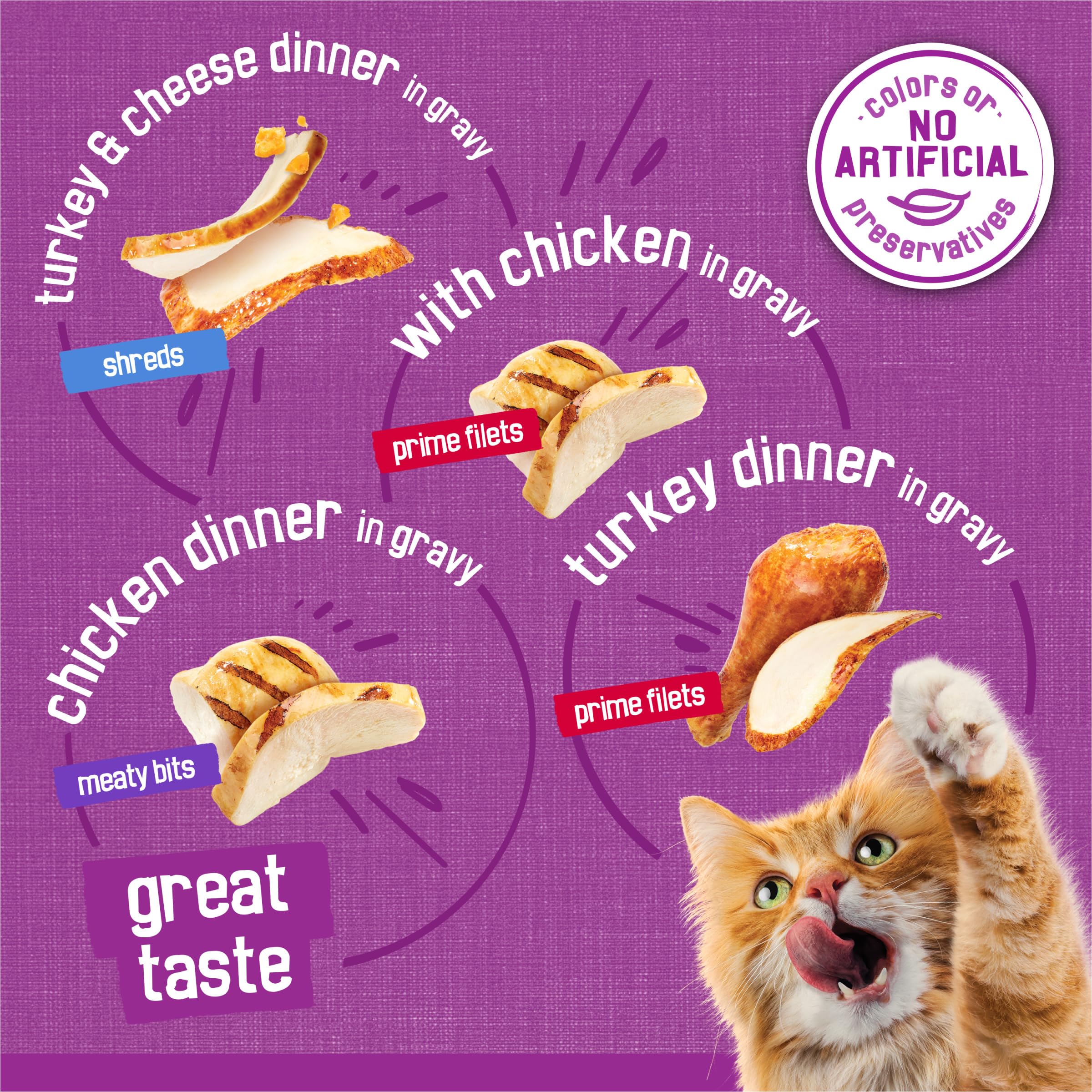 Friskies chicken turkey protein image suggesting high protein options for active cats