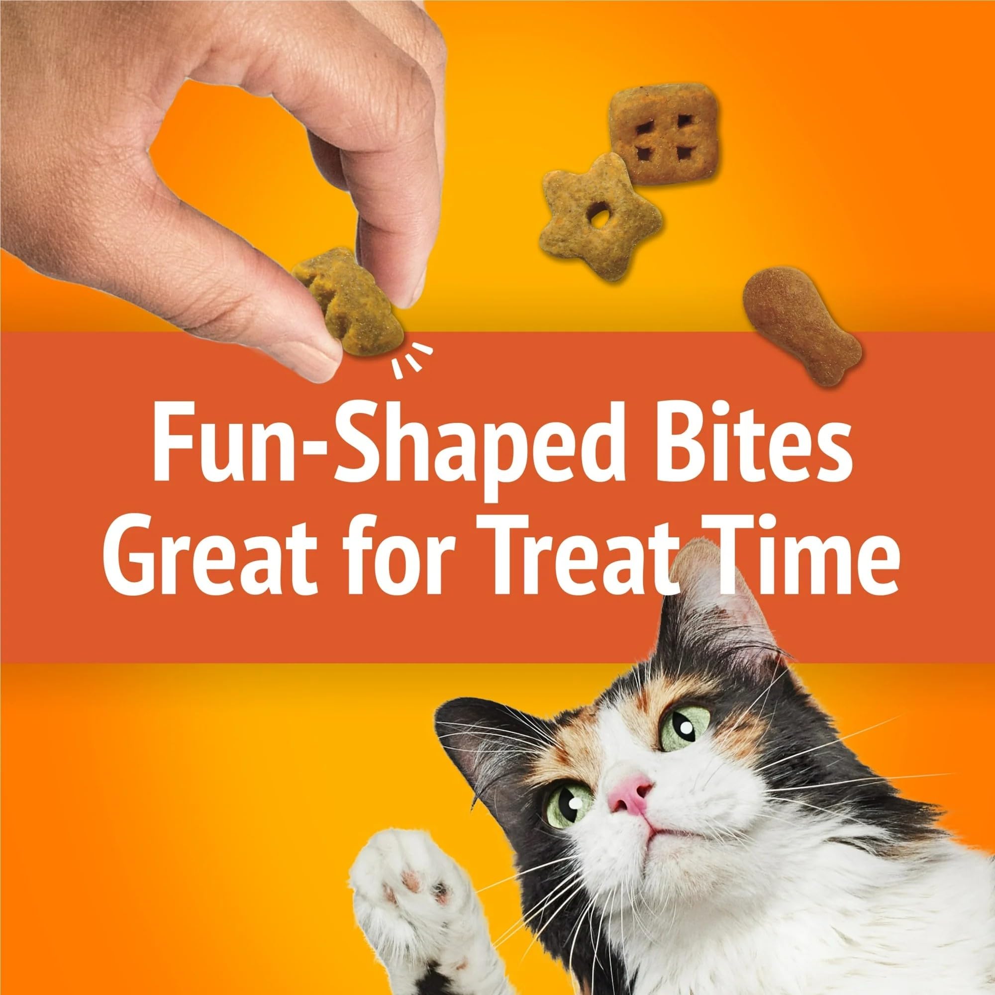 Friskies crunchy-texture close-up highlights shapes that invite paws and play.