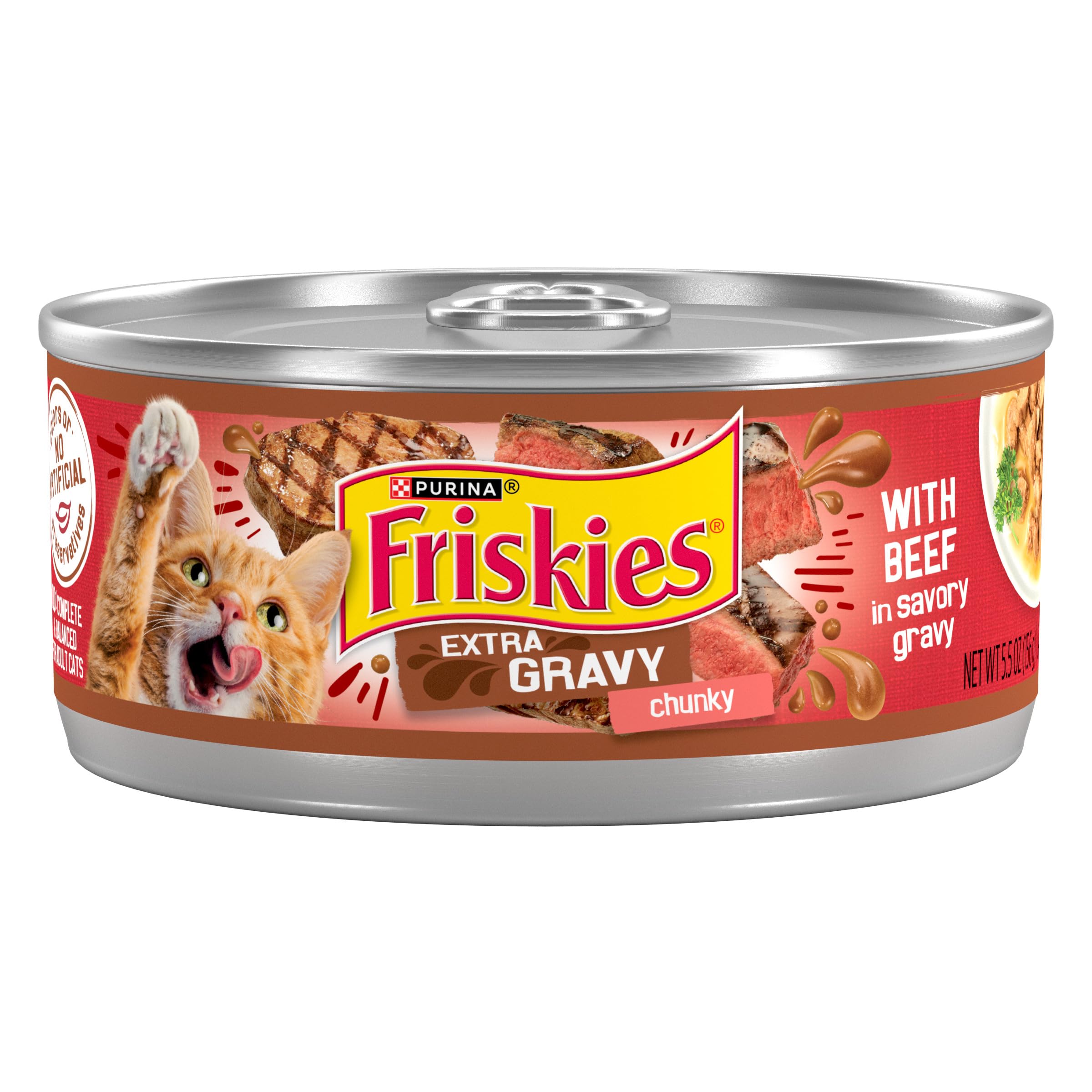 Friskies extra gravy beef in garden sauce can offers rich moisture for savory meals.