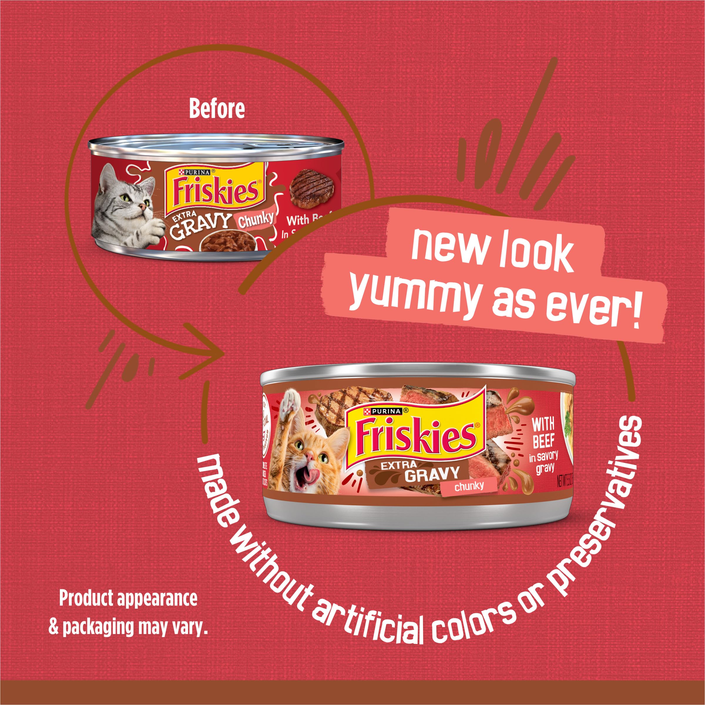 Friskies beef garden sauce can shows tender chunks for a satisfying texture at mealtime.
