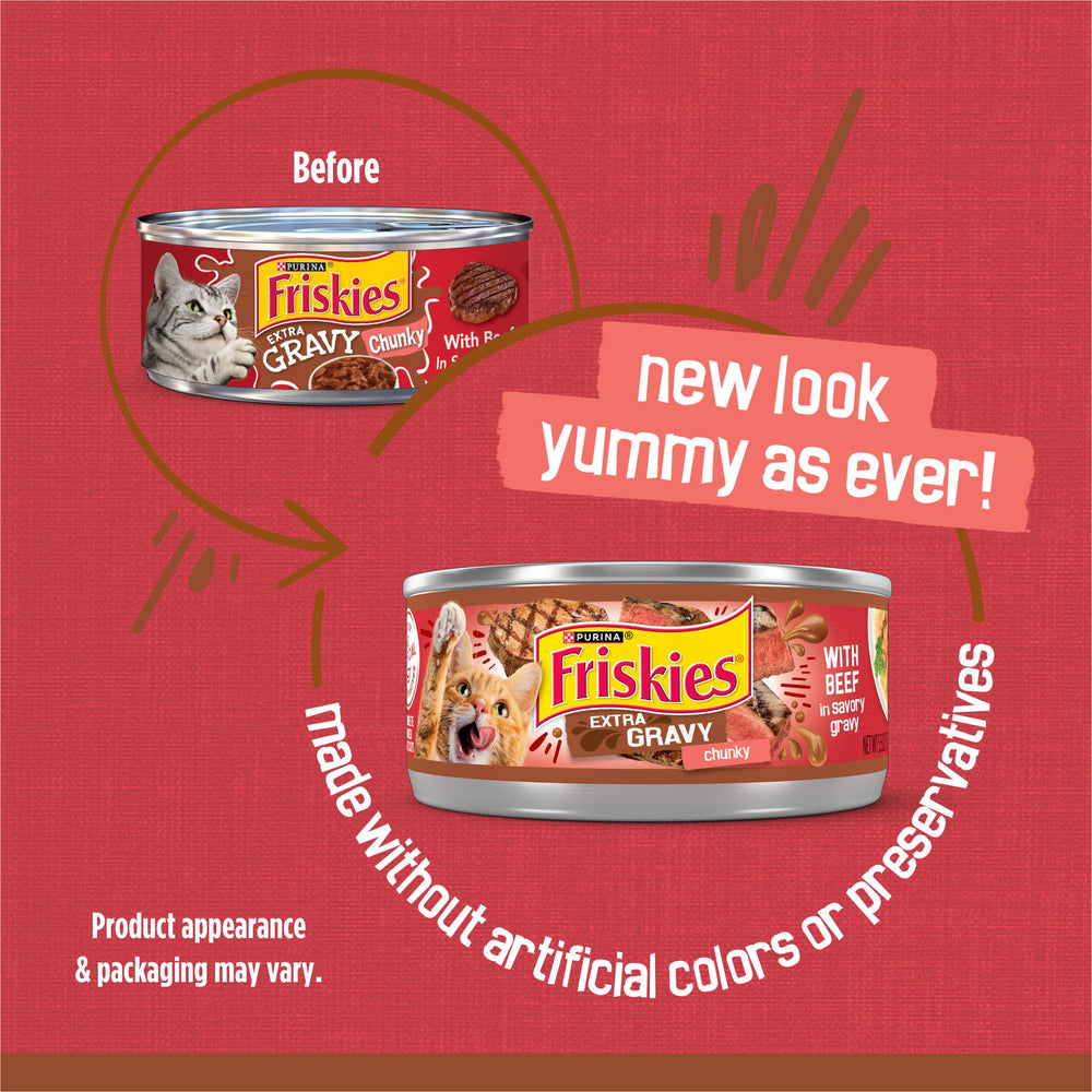 Friskies beef garden sauce can shows tender chunks for a satisfying texture at mealtime.