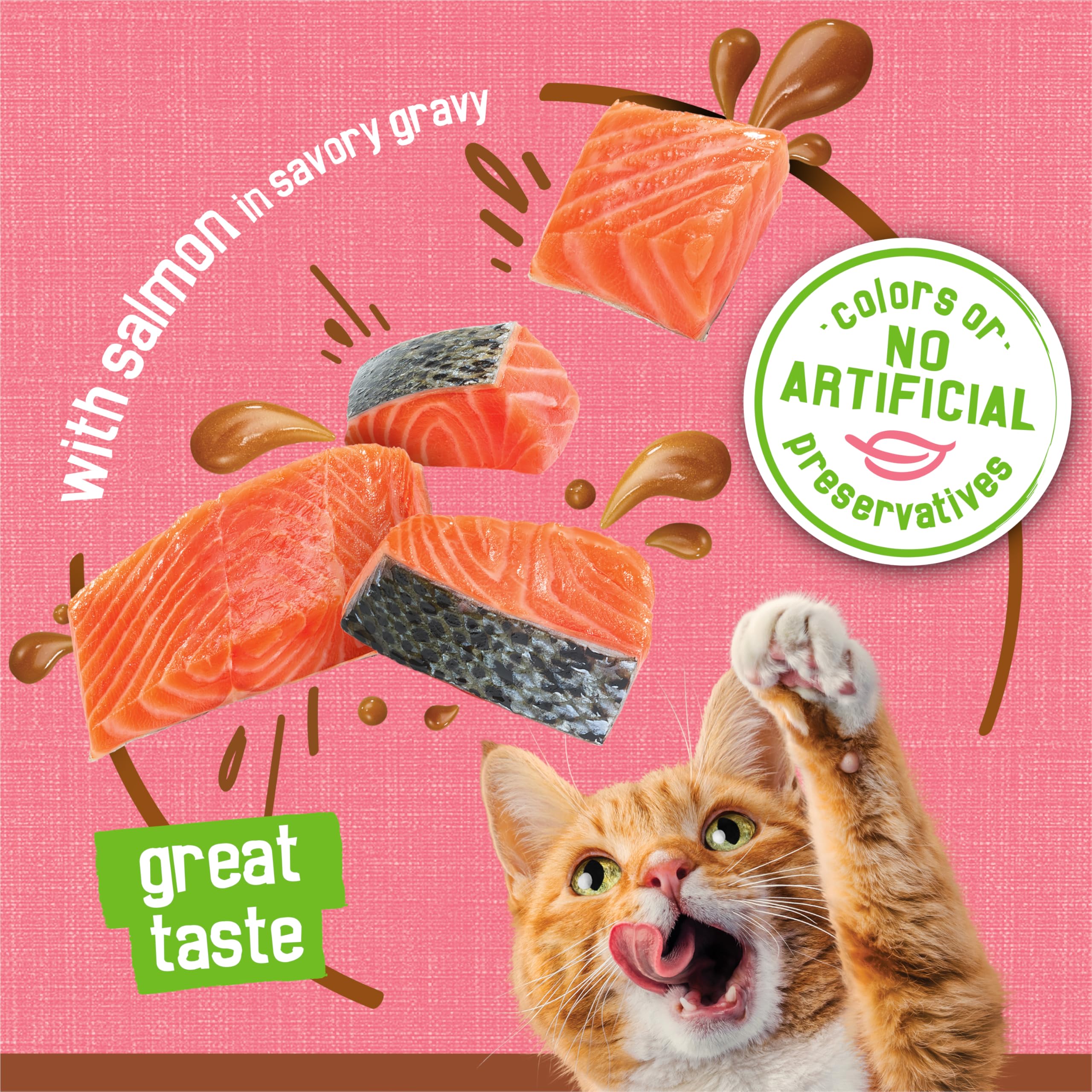 Row of Friskies extra gravy cans signaling convenient, trusted nutrition.
