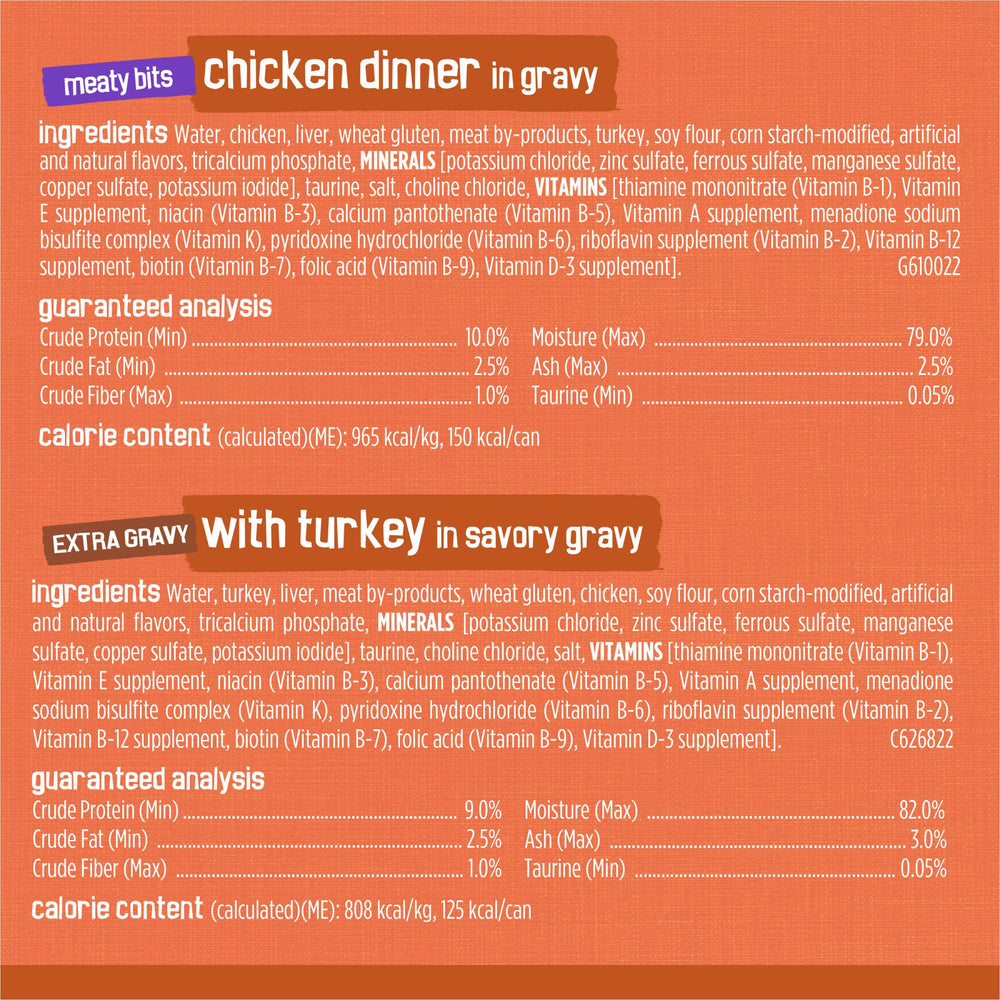 Friskies extra gravy chunky chicken dinner in savory gravy can, satisfying texture