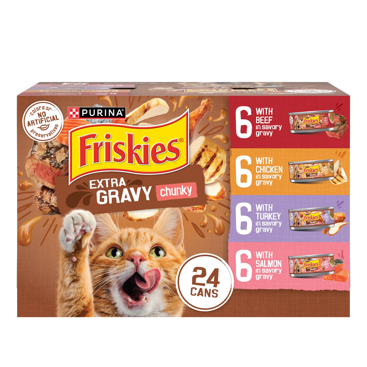 Friskies Extra Gravy chunky can front view, showcasing savory chunks for palatable meals.