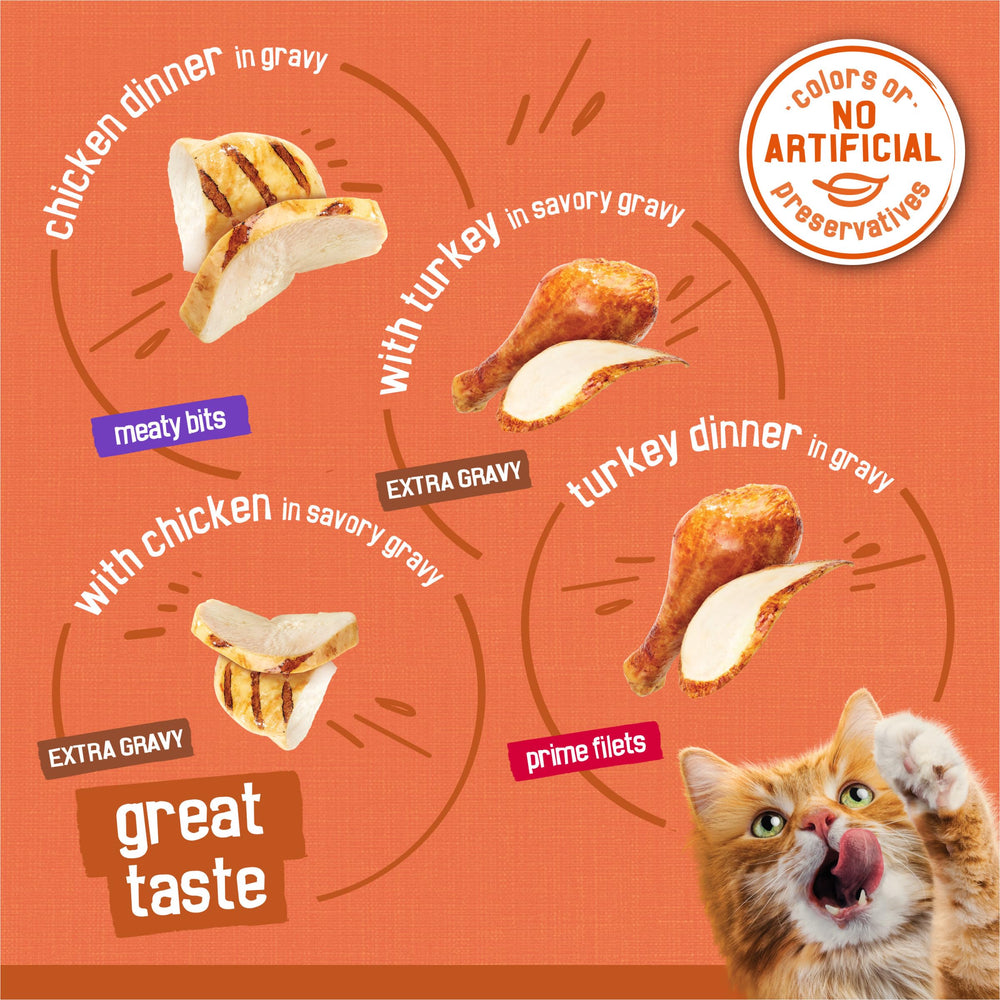 Friskies extra gravy chunky turkey dinner in savory gravy can, rich flavor