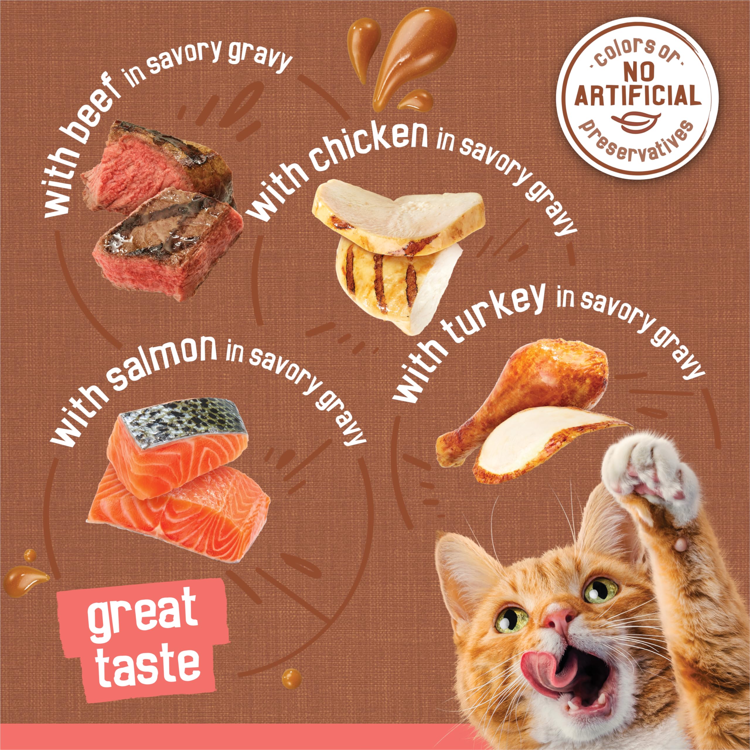 Friskies extra gravy pouring over chunks, enhancing flavor at mealtime.