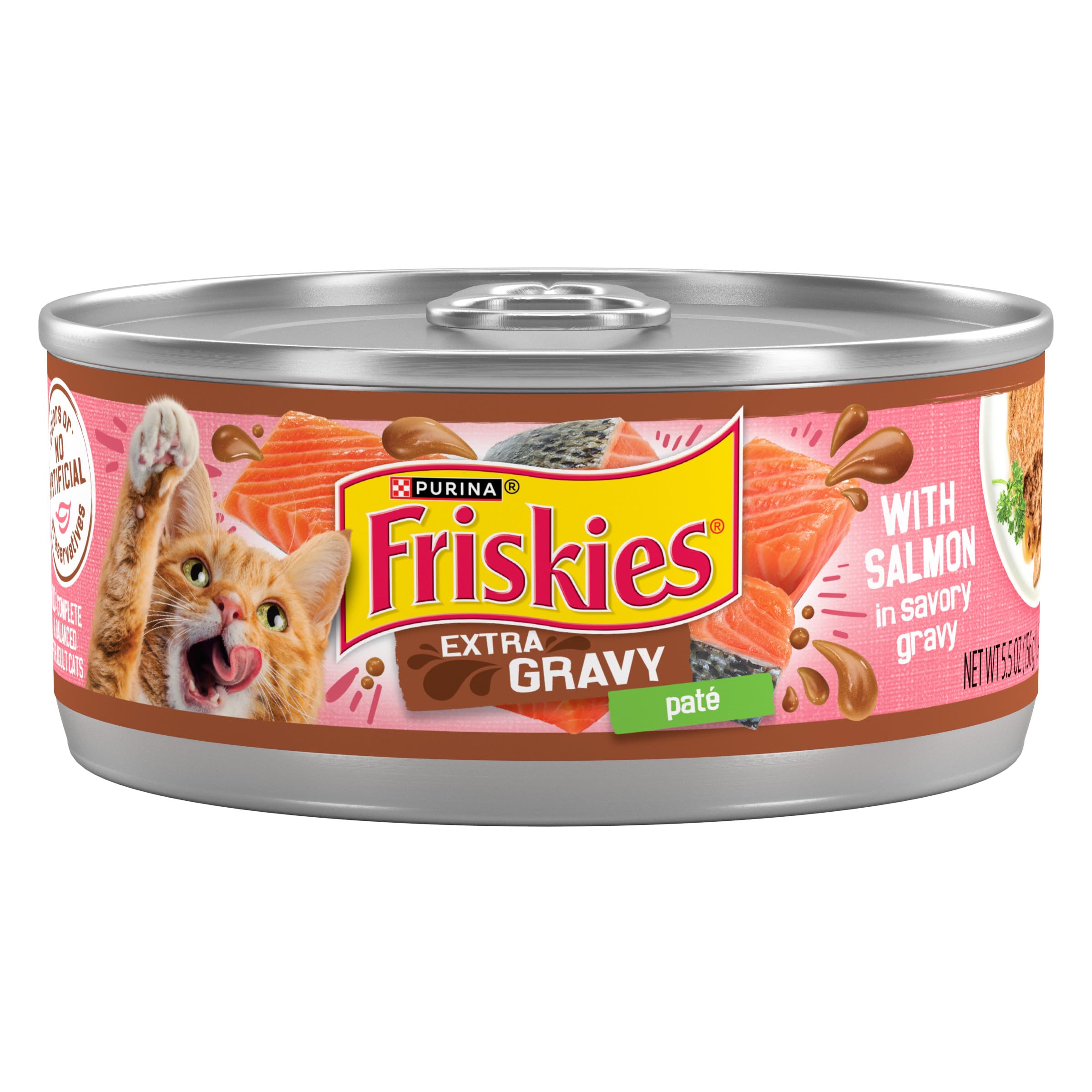 Friskies extra gravy salmon pate in a pull-tab can for quick serving.