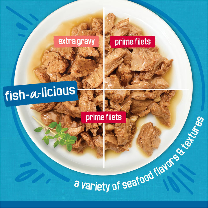 Friskies Extra Gravy Shreds close-up showing tempting texture for curious eaters.