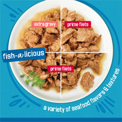 Friskies Extra Gravy Shreds close-up showing tempting texture for curious eaters.
