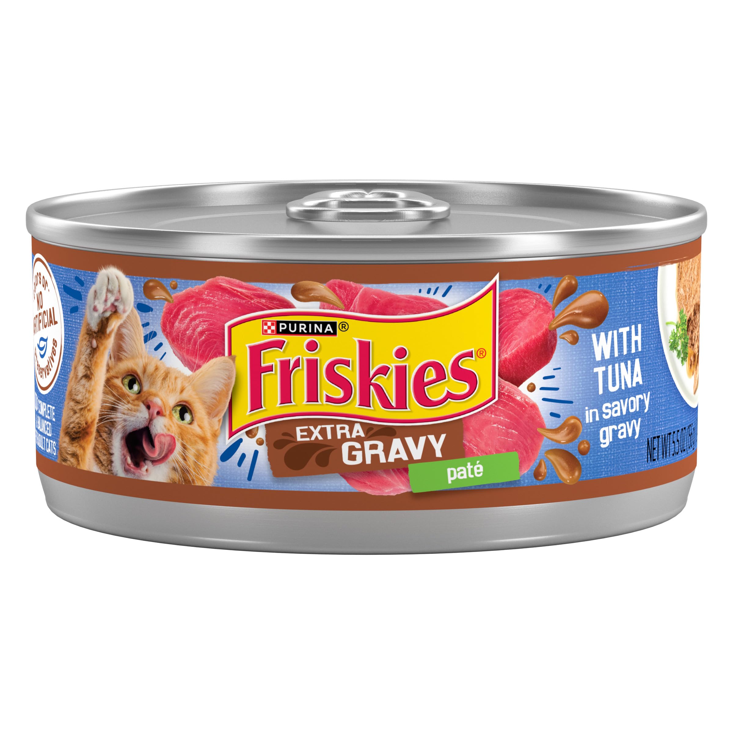Friskies Extra Gravy Tuna Pate can showing rich gravy for extra flavor during meals.