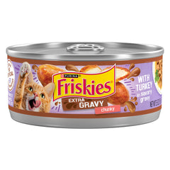 Friskies extra-gravy turkey chunks in a bowl boost moisture and flavor appeal.