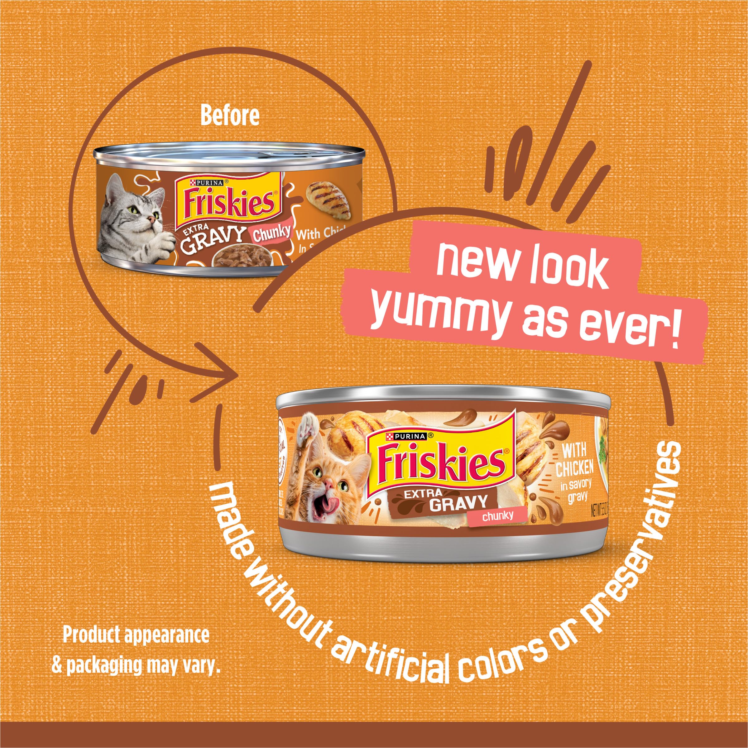 Purina Friskies Extra Gravy tender chunks in moist texture close-up.