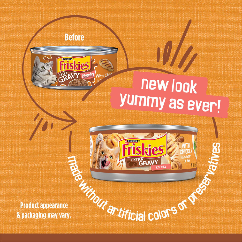 Purina Friskies Extra Gravy tender chunks in moist texture close-up.