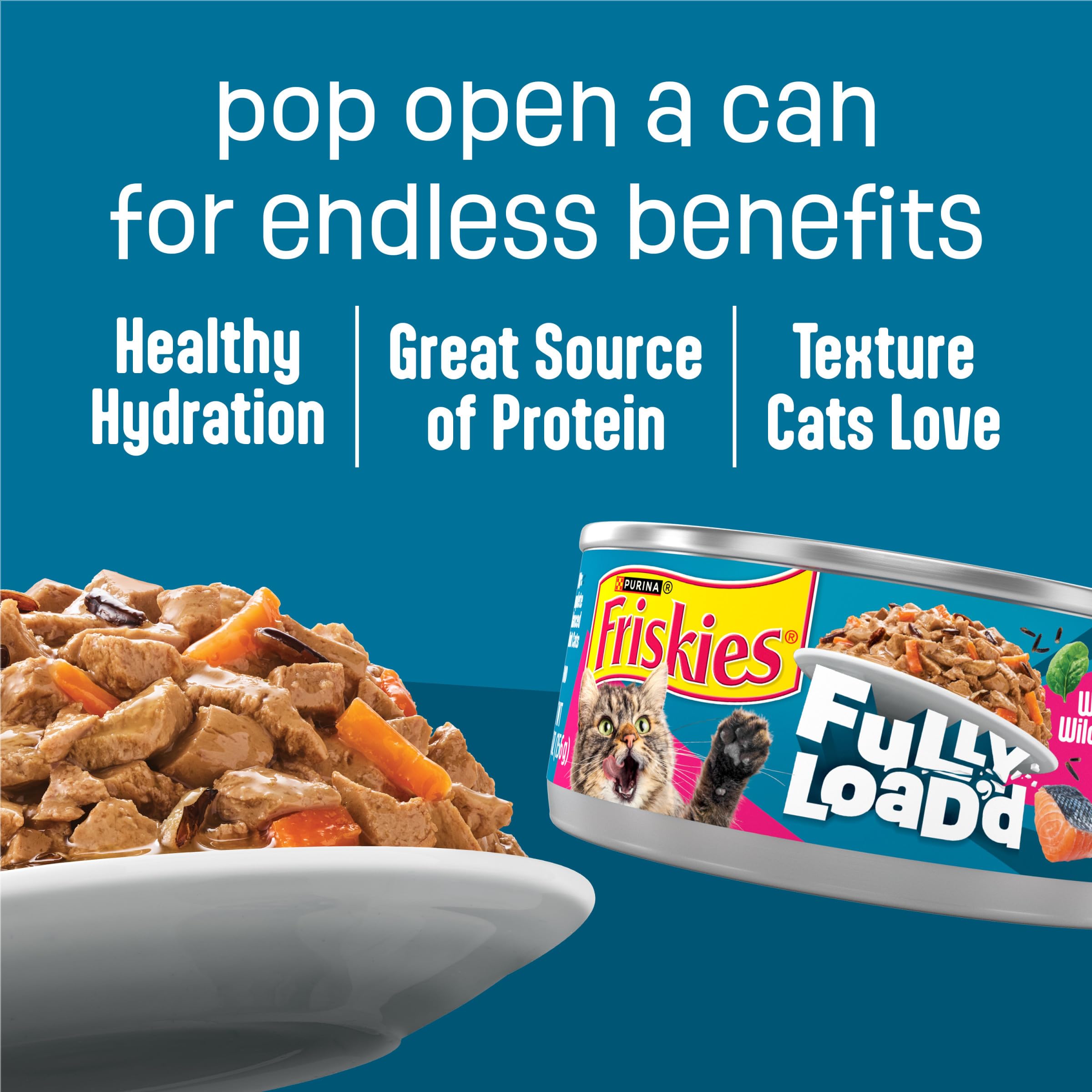 Friskies Fully Load’d five-point-five-oz cans pack on shelf.