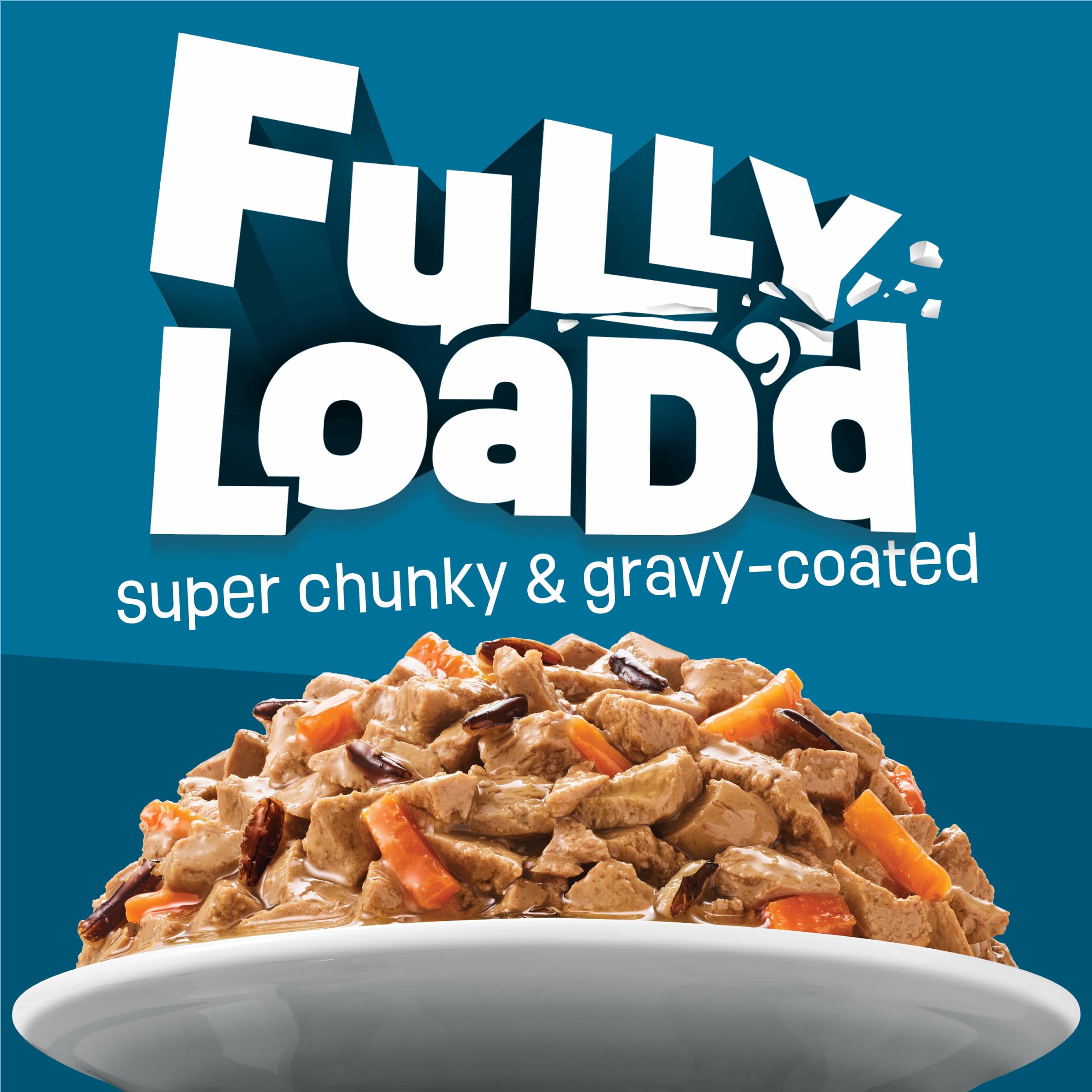 Friskies Fully Load’d salmon-gravy close-up with chunky morsels.