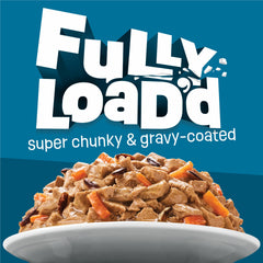 Friskies Fully Load’d salmon-gravy close-up with chunky morsels.