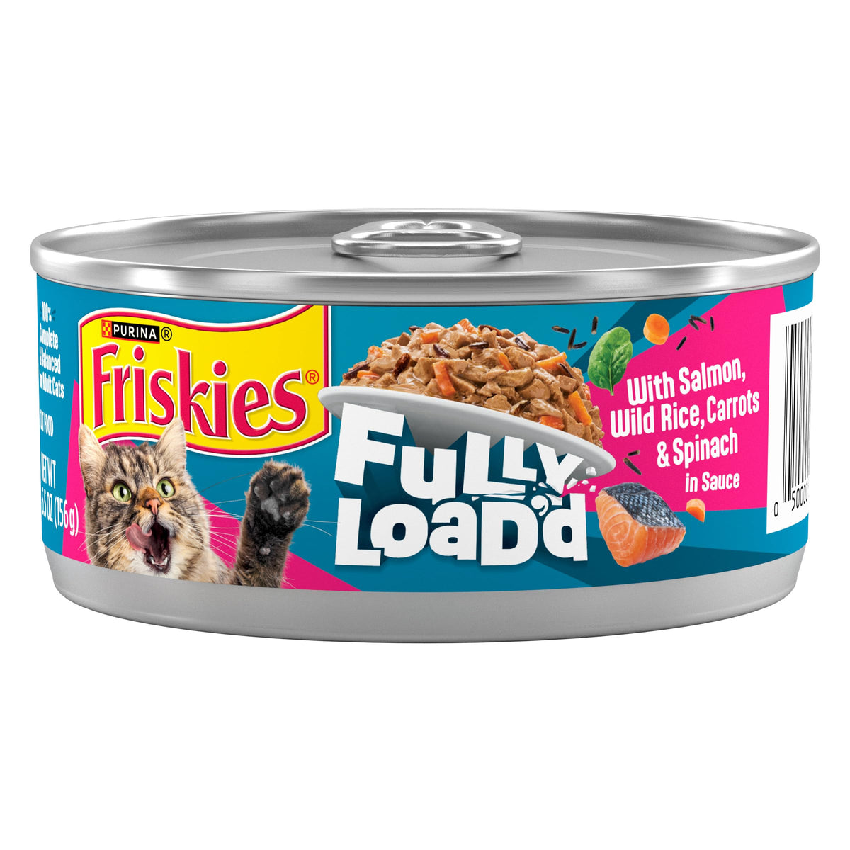 Friskies Fully Load’d salmon-wild-rice-chunks in gravy for adult cats.
