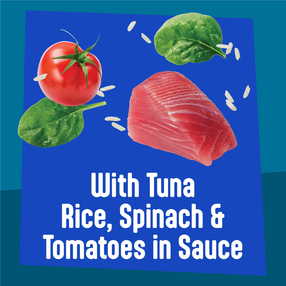Friskies Fully Loadd tuna-rice-spinach-tomatoes in sauce bowl with gravy entices cats.