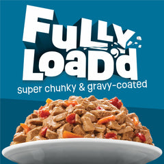 Friskies Fully Load’d wet cat food can pouring into a bowl for aroma.