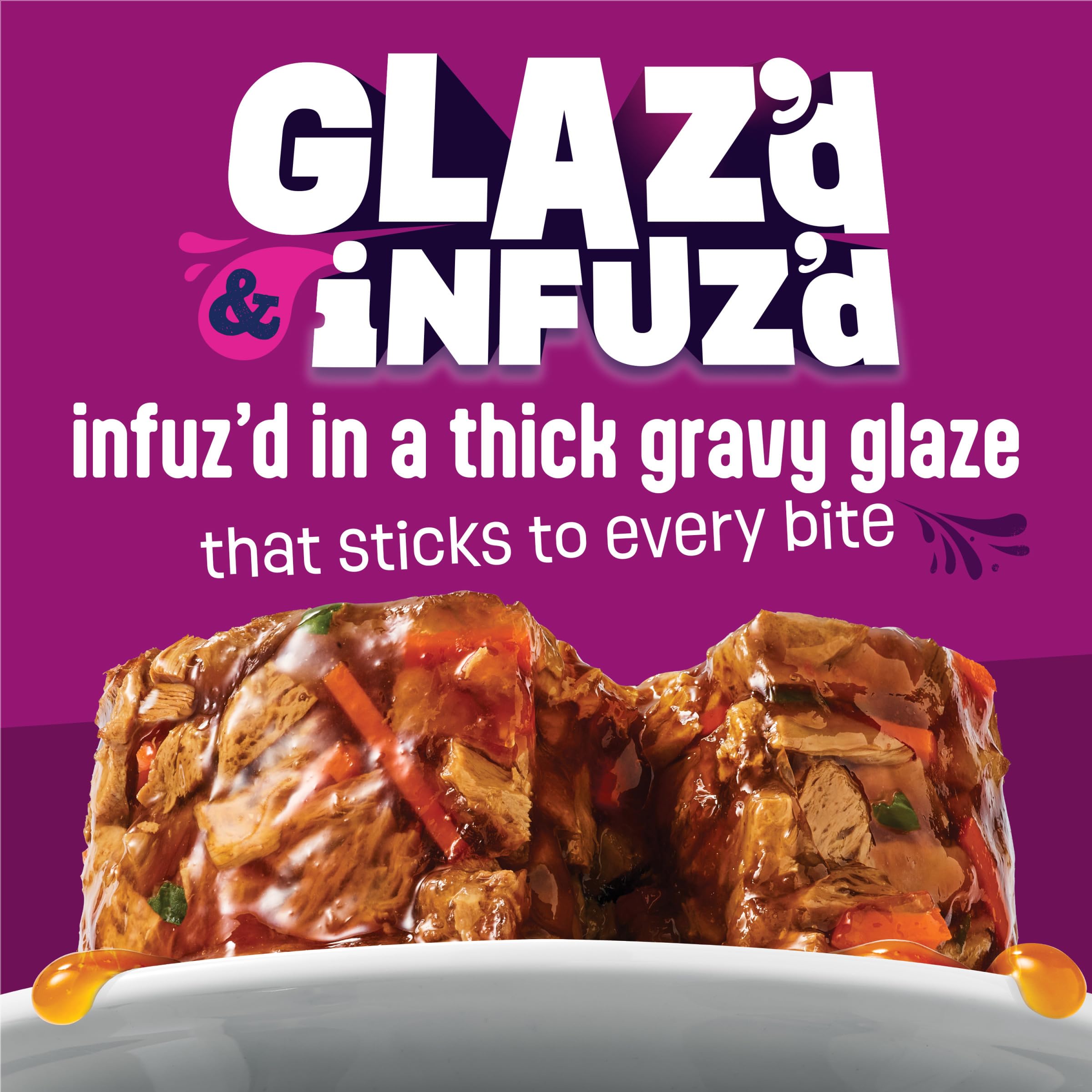 Friskies Glazd Infuzd chicken gravy close-up showing glossy glaze texture.