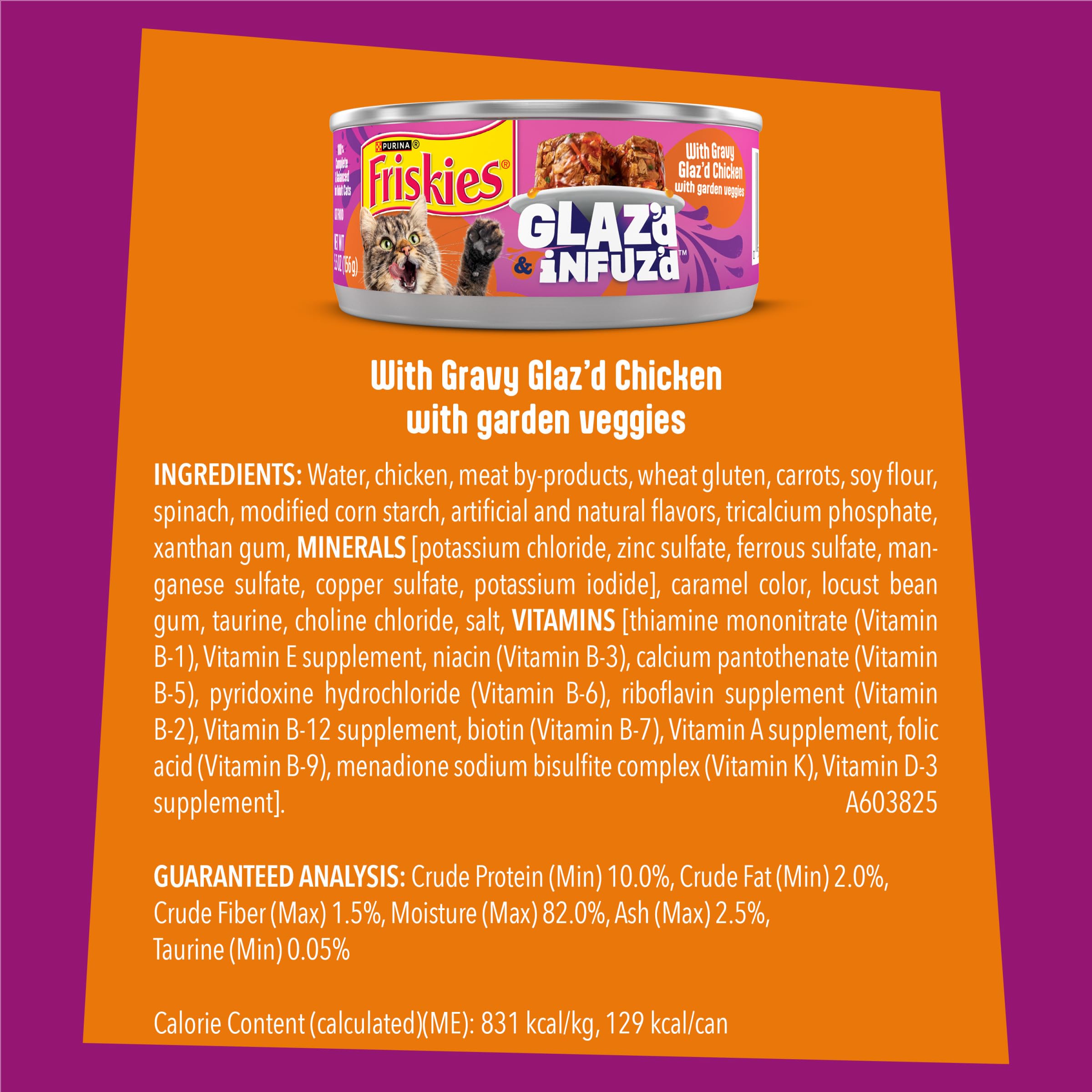 Friskies Glazd Infuzd chicken serving on a plate with glossy gravy.